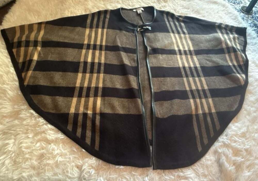 White House Black Market Plaid Knit Cape Poncho with Faux Leather Trim‎